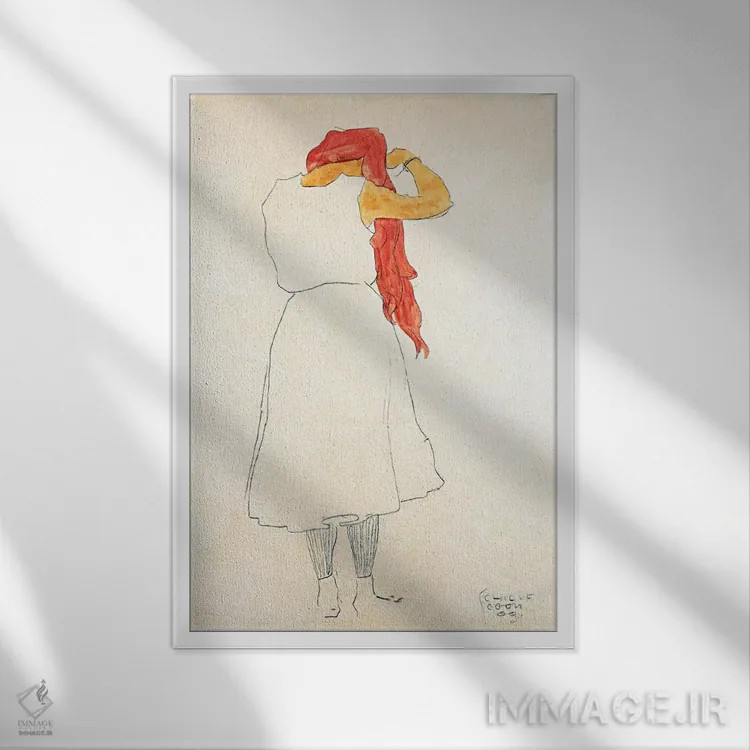 تابلو ایستاده در حال شانه زدن اثر اگون شیله (نقاش اتریشی) - نمای قابدار سفید