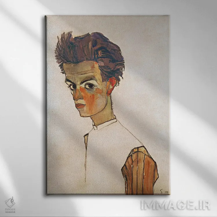 تابلو خودنگاره با پیراهن راهراه اثر اگون شیله (نقاش اتریشی) - نمای روبهرو روی دیوار