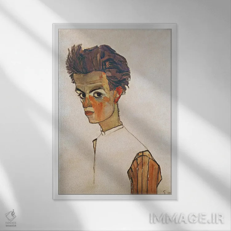تابلو خودنگاره با پیراهن راهراه اثر اگون شیله (نقاش اتریشی) - نمای قابدار سفید