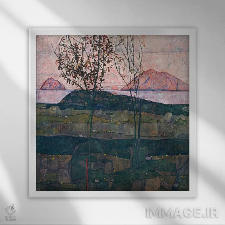 تابلو غروب خورشید اثر اگون شیله (نقاش اتریشی) - نمای قابدار سفید