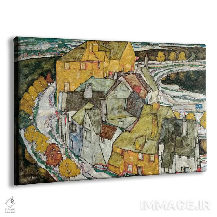تابلو هلالی از خانهها ۲ (شهر جزیرهای) اثر اگون شیله (نقاش اتریشی) - نمای پرسپکتیو محصول