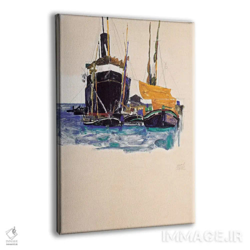 تابلو کشتیهای بخار و بادبانی در بندر تریسته اثر اگون شیله (نقاش اتریشی) - نمای پرسپکتیو محصول