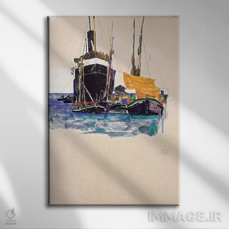 تابلو کشتیهای بخار و بادبانی در بندر تریسته اثر اگون شیله (نقاش اتریشی) - نمای روبهرو روی دیوار