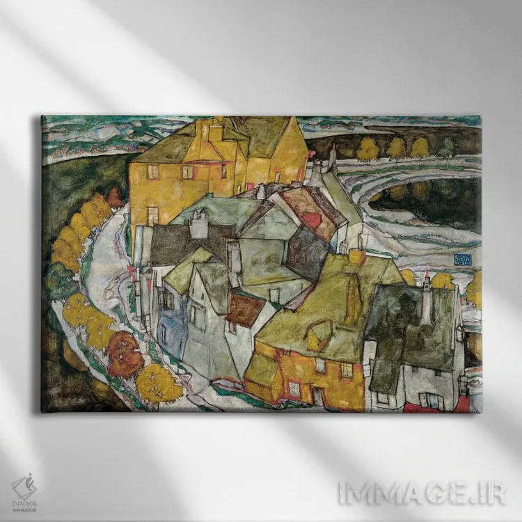 تابلو هلالی از خانهها ۲ (شهر جزیرهای) اثر اگون شیله (نقاش اتریشی) - نمای روبهرو روی دیوار