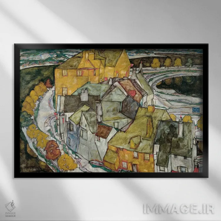 تابلو هلالی از خانهها ۲ (شهر جزیرهای) اثر اگون شیله (نقاش اتریشی) - نمای قابدار مشکی