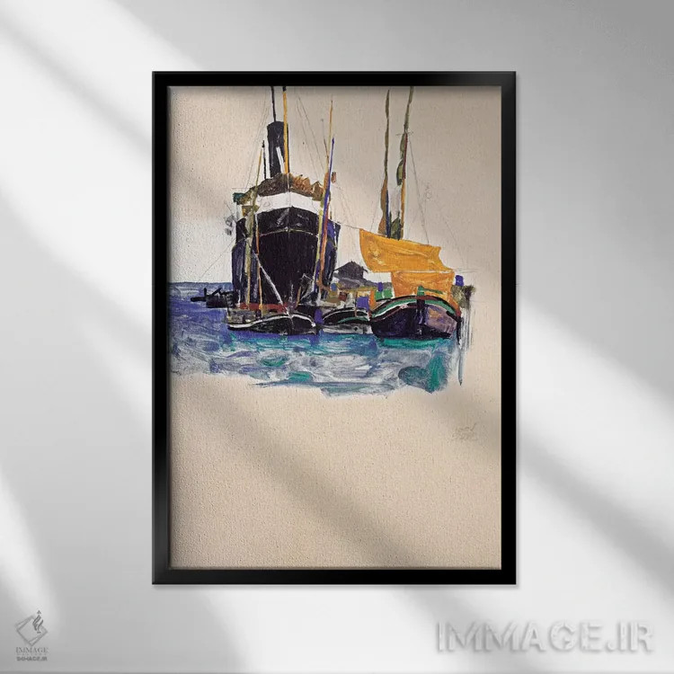 تابلو کشتیهای بخار و بادبانی در بندر تریسته اثر اگون شیله (نقاش اتریشی) - نمای قابدار مشکی