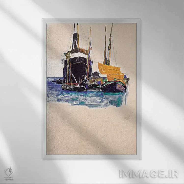 تابلو کشتیهای بخار و بادبانی در بندر تریسته اثر اگون شیله (نقاش اتریشی) - نمای قابدار سفید