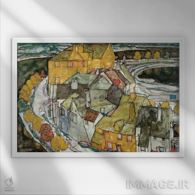 تابلو هلالی از خانهها ۲ (شهر جزیرهای) اثر اگون شیله (نقاش اتریشی) - نمای قابدار سفید