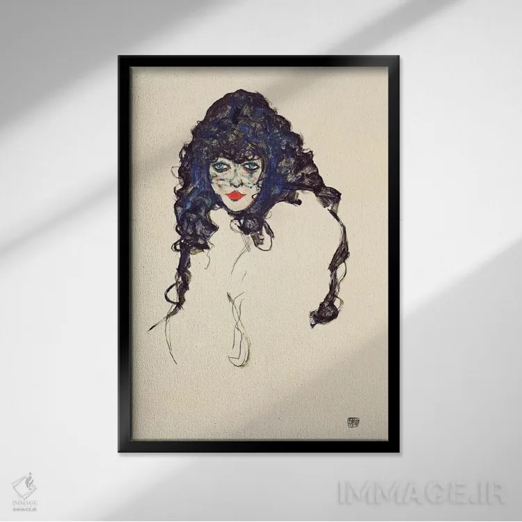 تابلو زن با موهای بلند اثر اگون شیله (نقاش اتریشی) - نمای قابدار مشکی