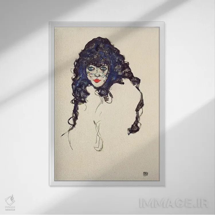 تابلو زن با موهای بلند اثر اگون شیله (نقاش اتریشی) - نمای قابدار سفید