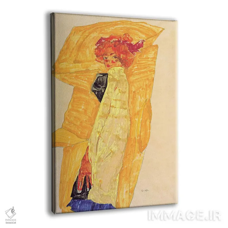 تابلو گرتی شیله در مقابل پرده اخراییرنگ اثر اگون شیله (نقاش اتریشی) - نمای پرسپکتیو محصول