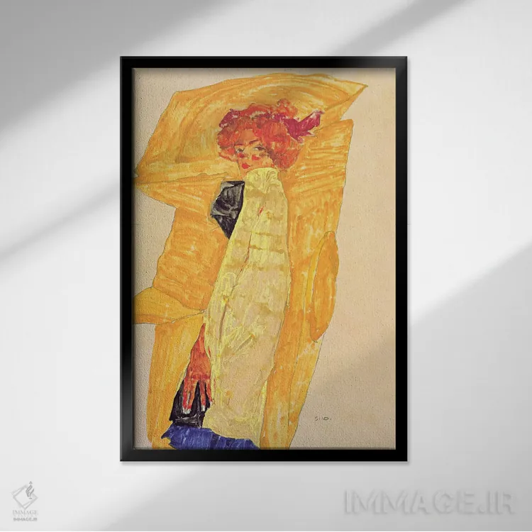 تابلو گرتی شیله در مقابل پرده اخراییرنگ اثر اگون شیله (نقاش اتریشی) - نمای قابدار مشکی