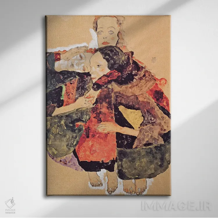تابلو گروه سه دختره اثر اگون شیله (نقاش اتریشی) - نمای روبهرو روی دیوار