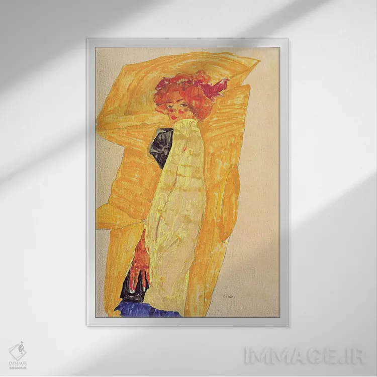 تابلو گرتی شیله در مقابل پرده اخراییرنگ اثر اگون شیله (نقاش اتریشی) - نمای قابدار سفید