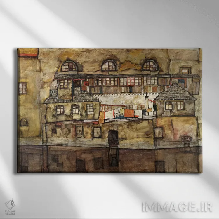 تابلو دیوار خانه کنار رودخانه اثر اگون شیله (نقاش اتریشی) - نمای روبهرو روی دیوار