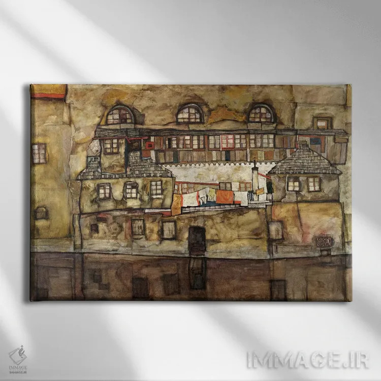تابلو دیوار خانه کنار رودخانه اثر اگون شیله (نقاش اتریشی) - نمای روبهرو روی دیوار