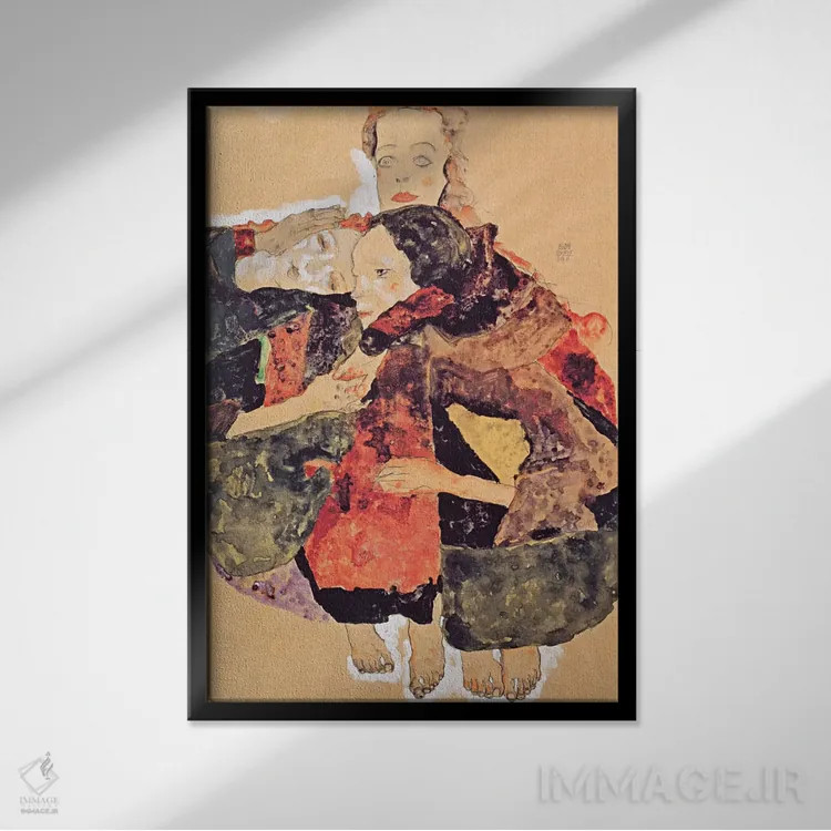 تابلو گروه سه دختره اثر اگون شیله (نقاش اتریشی) - نمای قابدار مشکی