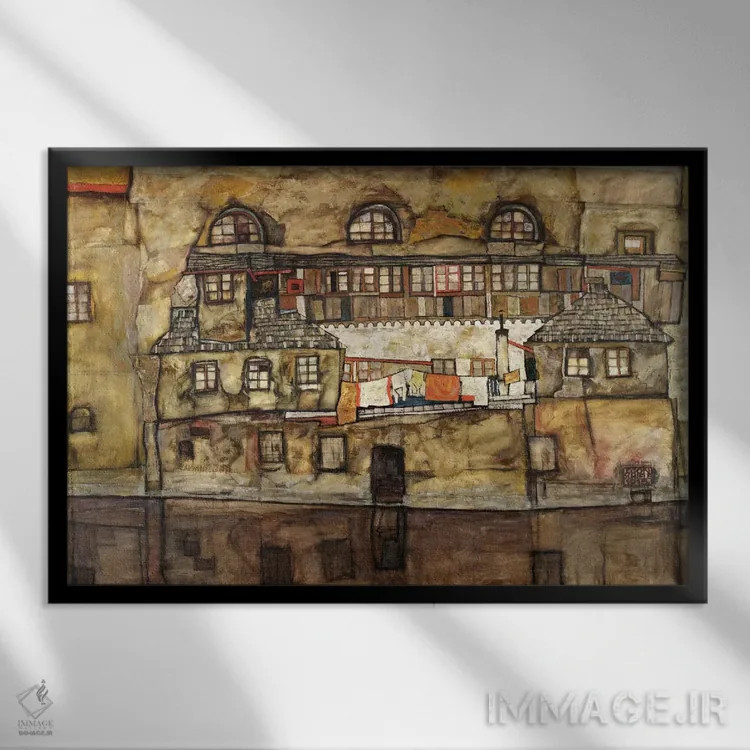 تابلو دیوار خانه کنار رودخانه اثر اگون شیله (نقاش اتریشی) - نمای قابدار مشکی