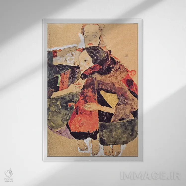 تابلو گروه سه دختره اثر اگون شیله (نقاش اتریشی) - نمای قابدار سفید