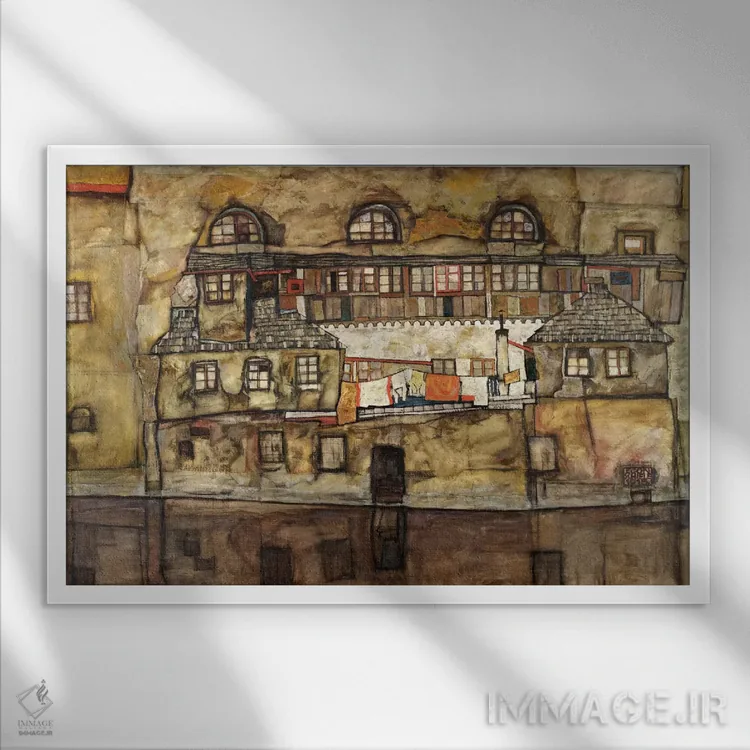 تابلو دیوار خانه کنار رودخانه اثر اگون شیله (نقاش اتریشی) - نمای قابدار سفید