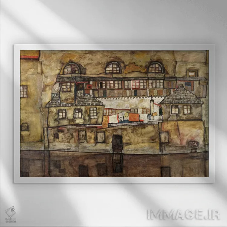 تابلو دیوار خانه کنار رودخانه اثر اگون شیله (نقاش اتریشی) - نمای قابدار سفید