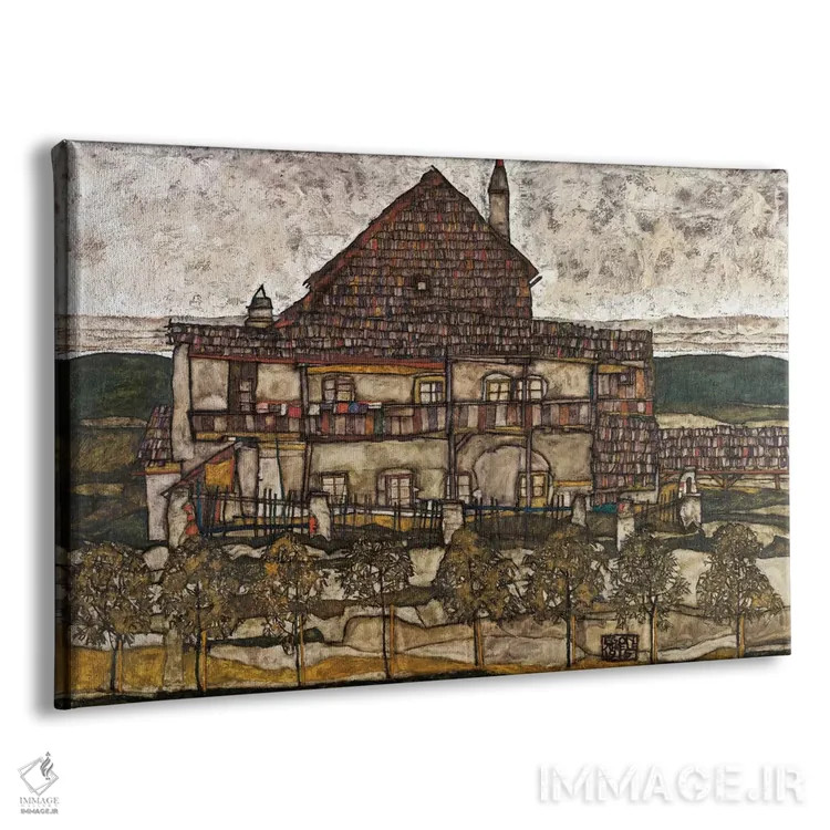 تابلو خانه با سقف سفالی (خانه قدیمی) اثر اگون شیله (نقاش اتریشی) - نمای پرسپکتیو محصول