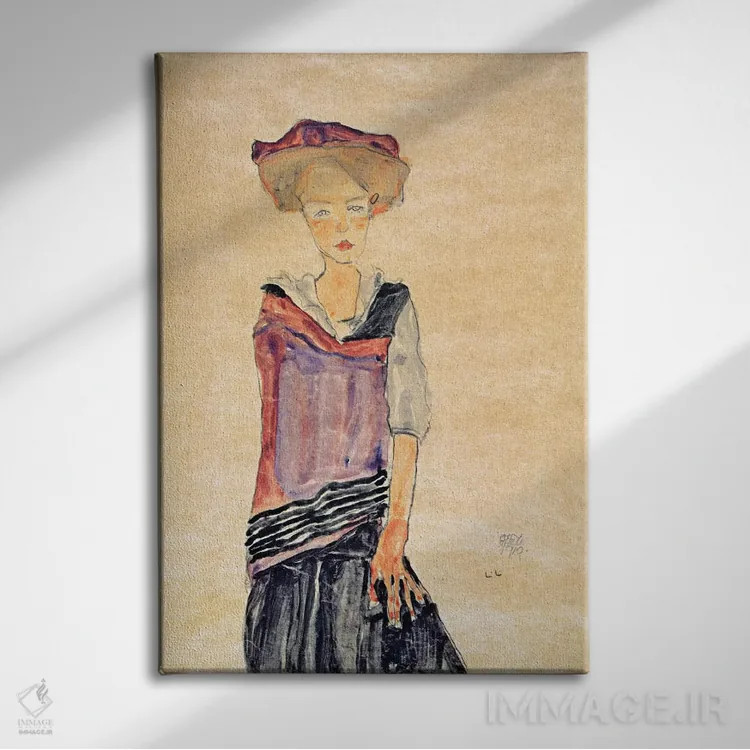 تابلو دختر ایستاده اثر اگون شیله (نقاش اتریشی) - نمای روبهرو روی دیوار