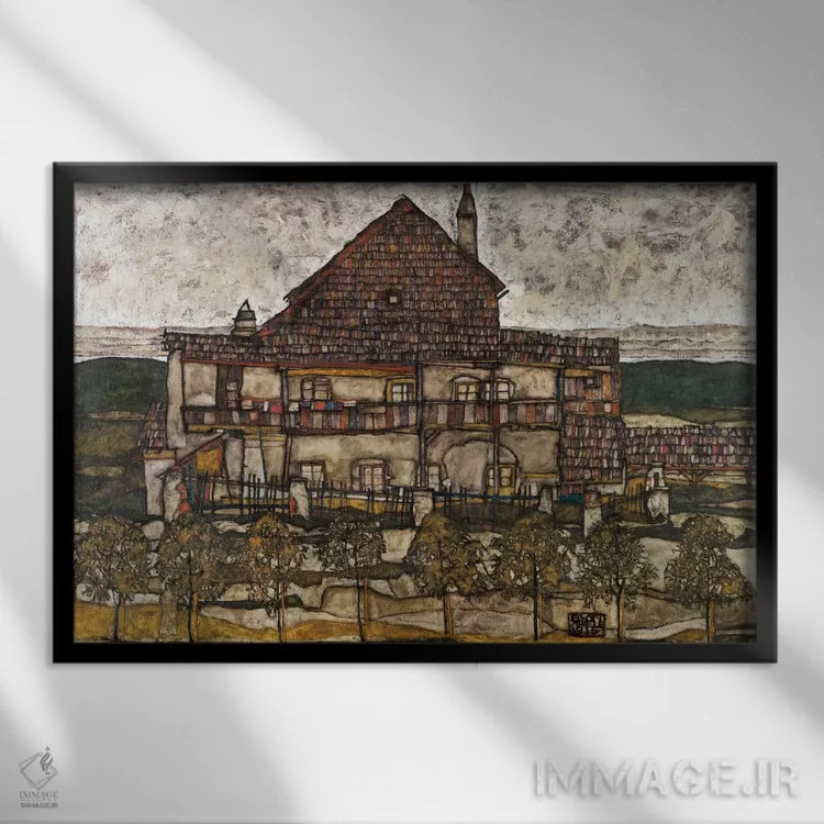 تابلو خانه با سقف سفالی (خانه قدیمی) اثر اگون شیله (نقاش اتریشی) - نمای قابدار مشکی