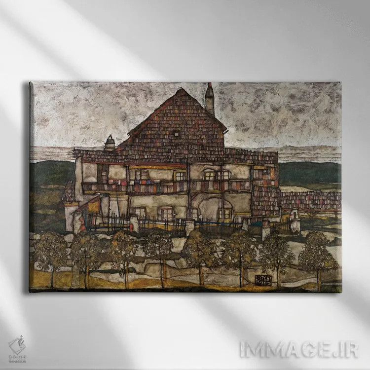 تابلو خانه با سقف سفالی (خانه قدیمی) اثر اگون شیله (نقاش اتریشی) - نمای روبهرو روی دیوار