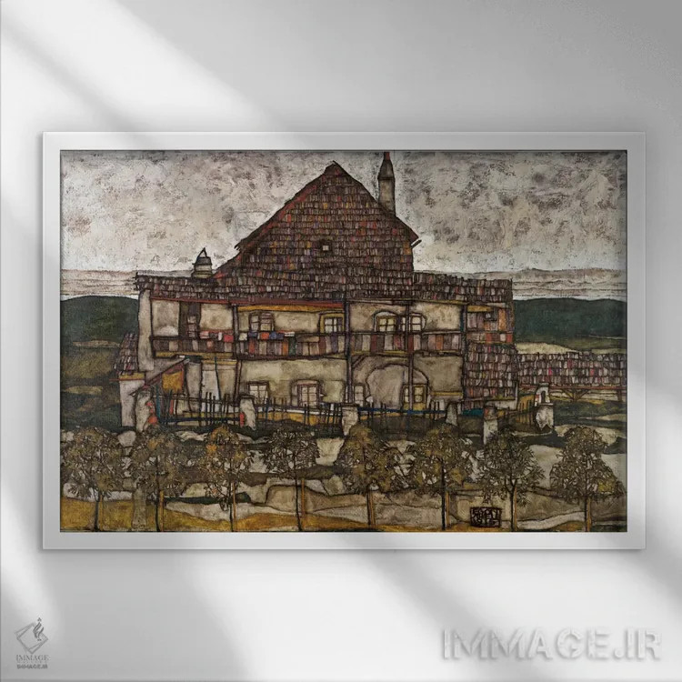 تابلو خانه با سقف سفالی (خانه قدیمی) اثر اگون شیله (نقاش اتریشی) - نمای قابدار سفید