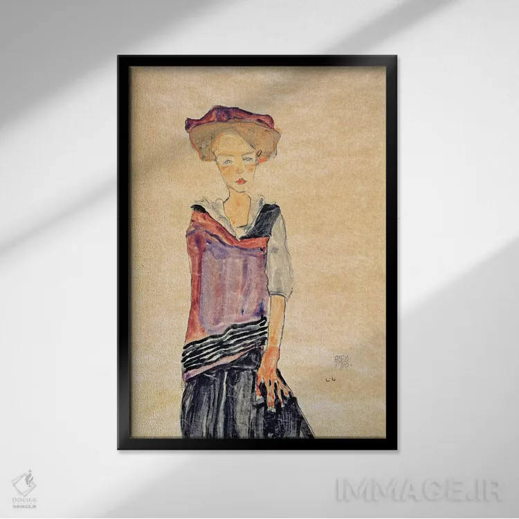 تابلو دختر ایستاده اثر اگون شیله (نقاش اتریشی) - نمای قابدار مشکی