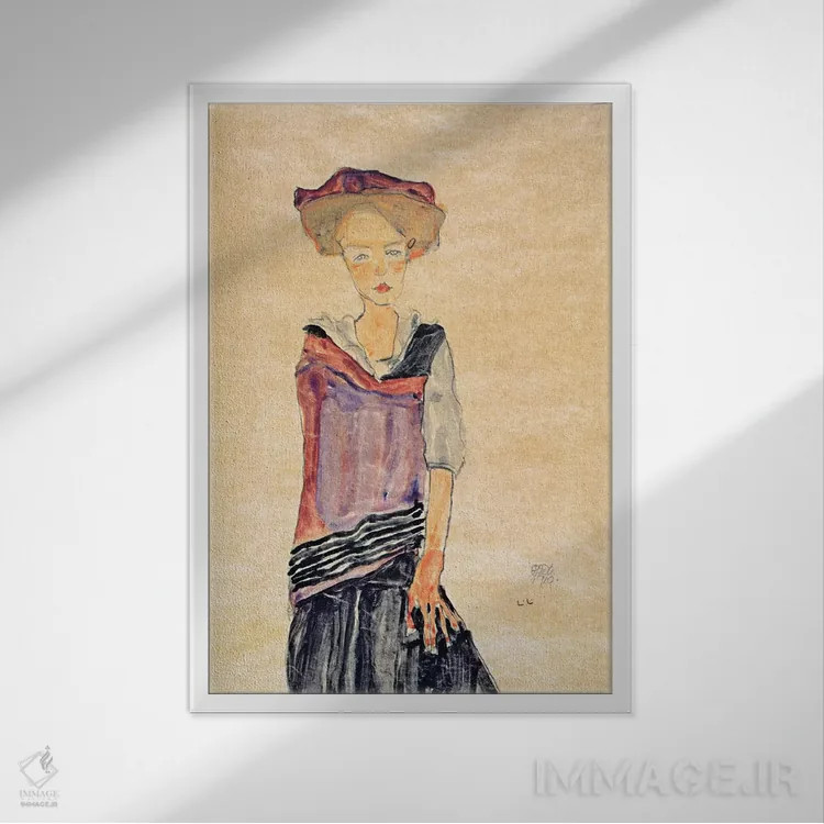 تابلو دختر ایستاده اثر اگون شیله (نقاش اتریشی) - نمای قابدار سفید