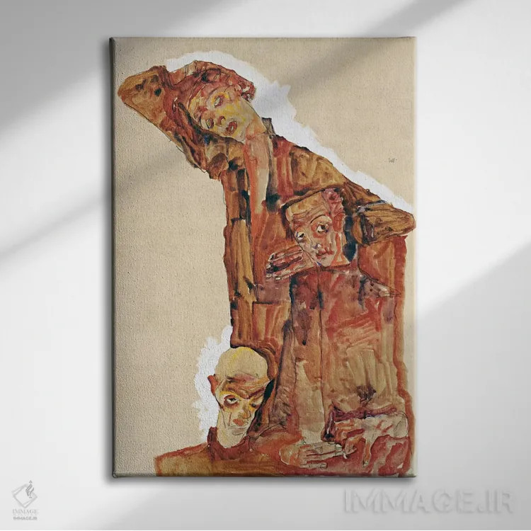 تابلو ترکیب با سه چهره مردانه (خودنگاره) اثر اگون شیله (نقاش اتریشی) - نمای روبهرو روی دیوار