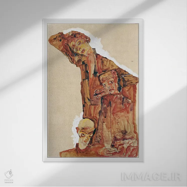 تابلو ترکیب با سه چهره مردانه (خودنگاره) اثر اگون شیله (نقاش اتریشی) - نمای قابدار سفید