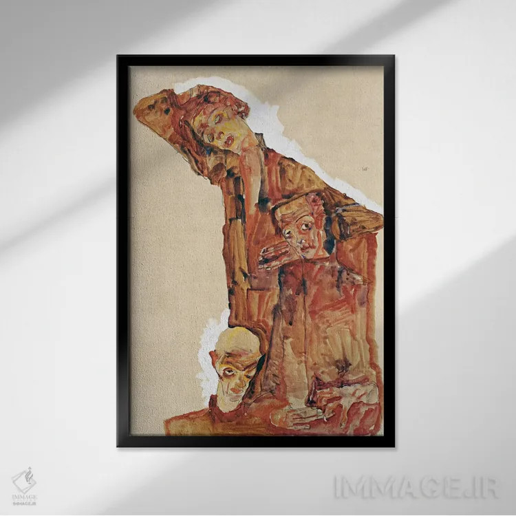 تابلو ترکیب با سه چهره مردانه (خودنگاره) اثر اگون شیله (نقاش اتریشی) - نمای قابدار مشکی