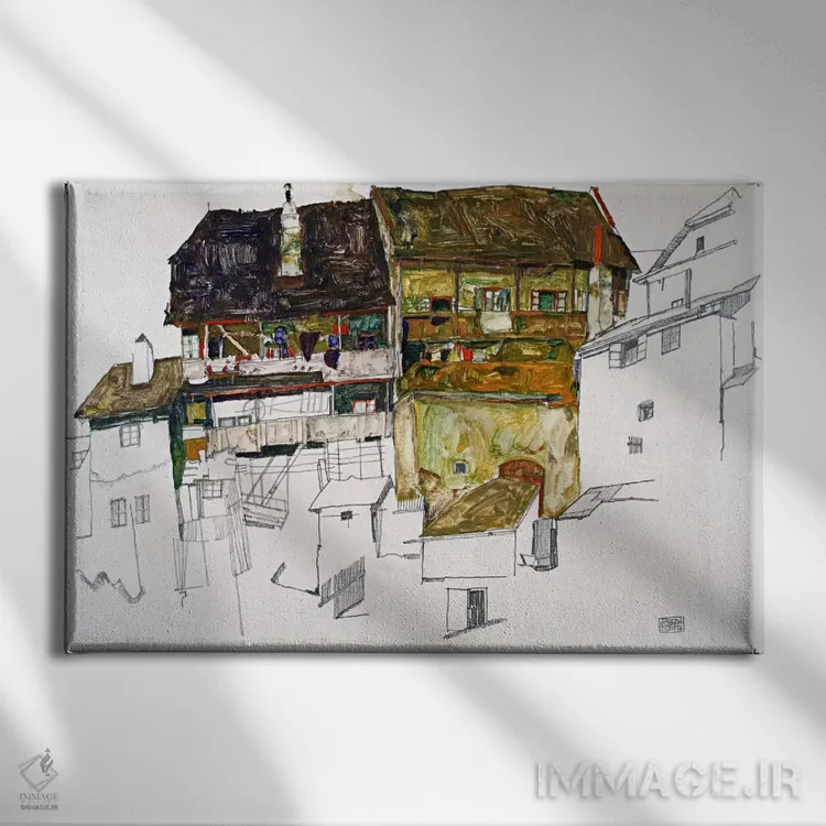 تابلو خانههای قدیمی در کروماو اثر اگون شیله (نقاش اتریشی) - نمای روبهرو روی دیوار