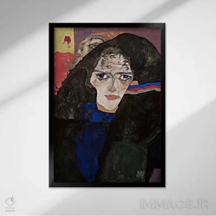 تابلو زن سوگوار اثر اگون شیله (نقاش اتریشی) - نمای قابدار مشکی