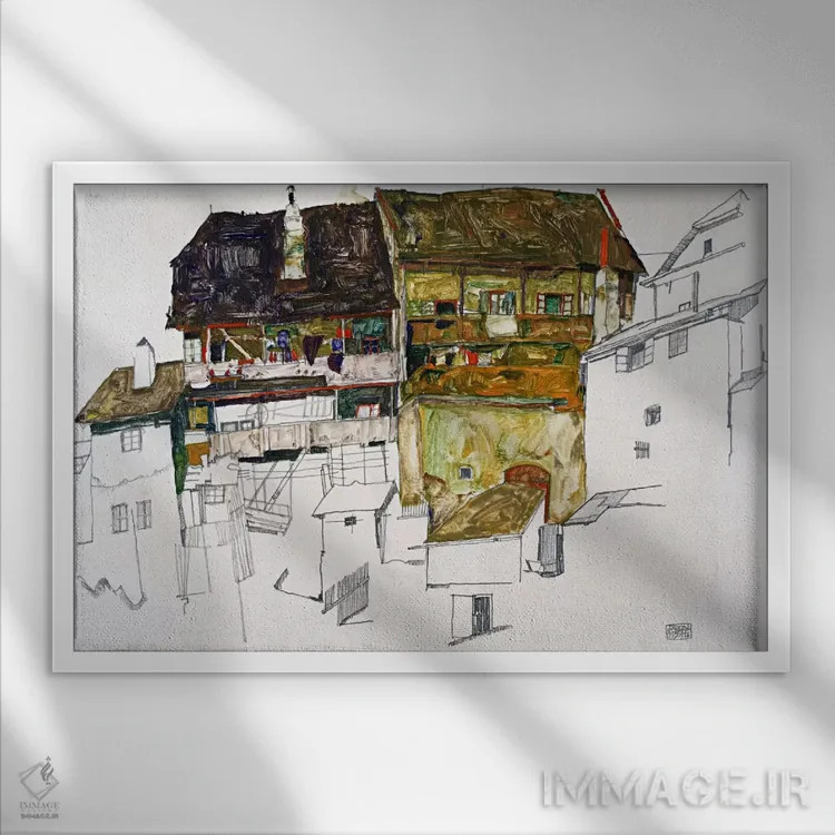 تابلو خانههای قدیمی در کروماو اثر اگون شیله (نقاش اتریشی) - نمای قابدار سفید