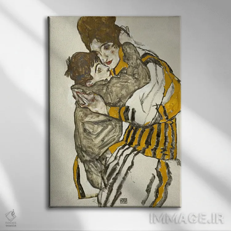 تابلو همسر شیله با خواهرزاده کوچک اثر اگون شیله (نقاش اتریشی) - نمای روبهرو روی دیوار