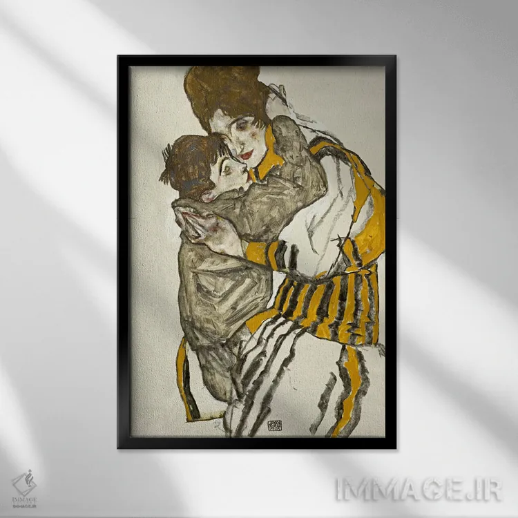 تابلو همسر شیله با خواهرزاده کوچک اثر اگون شیله (نقاش اتریشی) - نمای قابدار مشکی