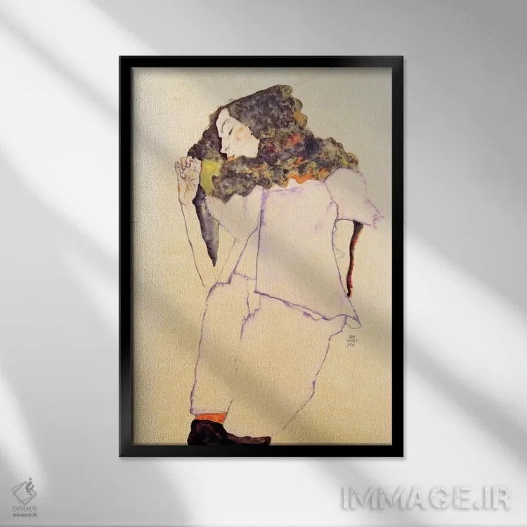 تابلو دختر خوابیده اثر اگون شیله (نقاش اتریشی) - نمای قابدار مشکی