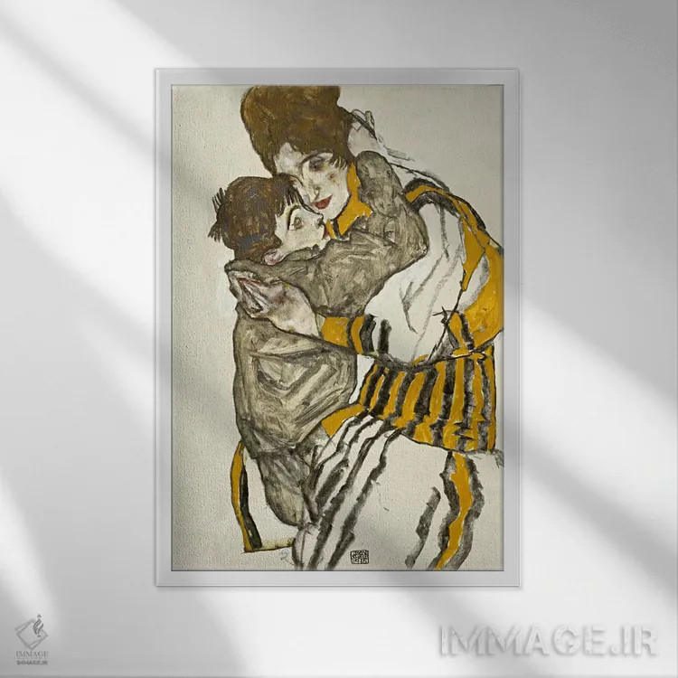 تابلو همسر شیله با خواهرزاده کوچک اثر اگون شیله (نقاش اتریشی) - نمای قابدار سفید