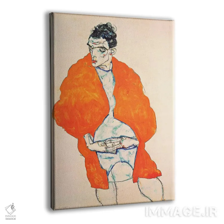 تابلو خودنگاره (مرد با ژاکت نارنجی) اثر اگون شیله (نقاش اتریشی) - نمای پرسپکتیو محصول