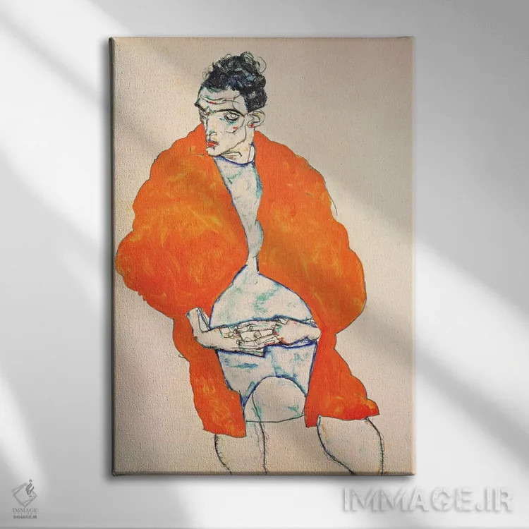 تابلو خودنگاره (مرد با ژاکت نارنجی) اثر اگون شیله (نقاش اتریشی) - نمای روبهرو روی دیوار