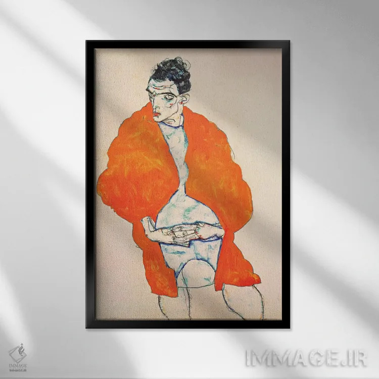 تابلو خودنگاره (مرد با ژاکت نارنجی) اثر اگون شیله (نقاش اتریشی) - نمای قابدار مشکی
