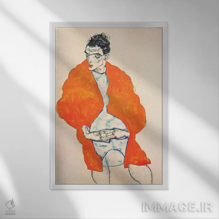 تابلو خودنگاره (مرد با ژاکت نارنجی) اثر اگون شیله (نقاش اتریشی) - نمای قابدار سفید