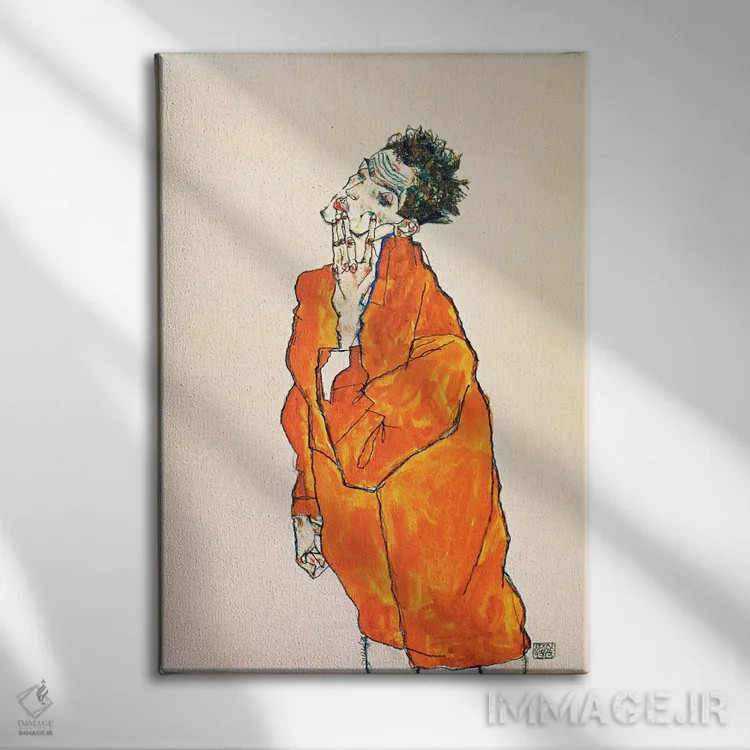 تابلو خودنگاره با ژاکت نارنجی اثر اگون شیله (نقاش اتریشی) - نمای روبهرو روی دیوار