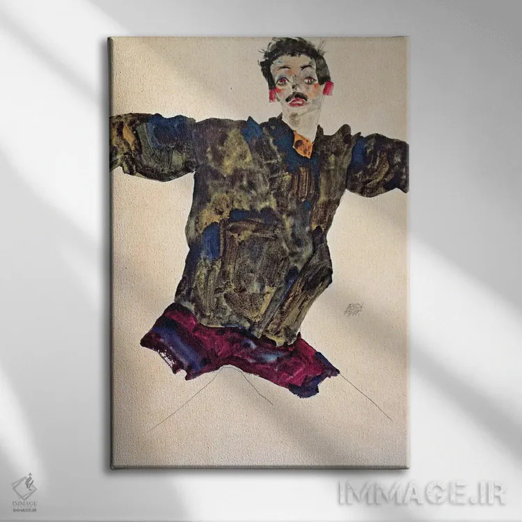 تابلو خودنگاره با دستان باز اثر اگون شیله (نقاش اتریشی) - نمای روبهرو روی دیوار