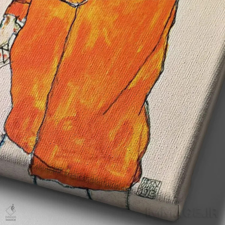 تابلو خودنگاره با ژاکت نارنجی اثر اگون شیله (نقاش اتریشی) - نمای نزدیک بافت بوم