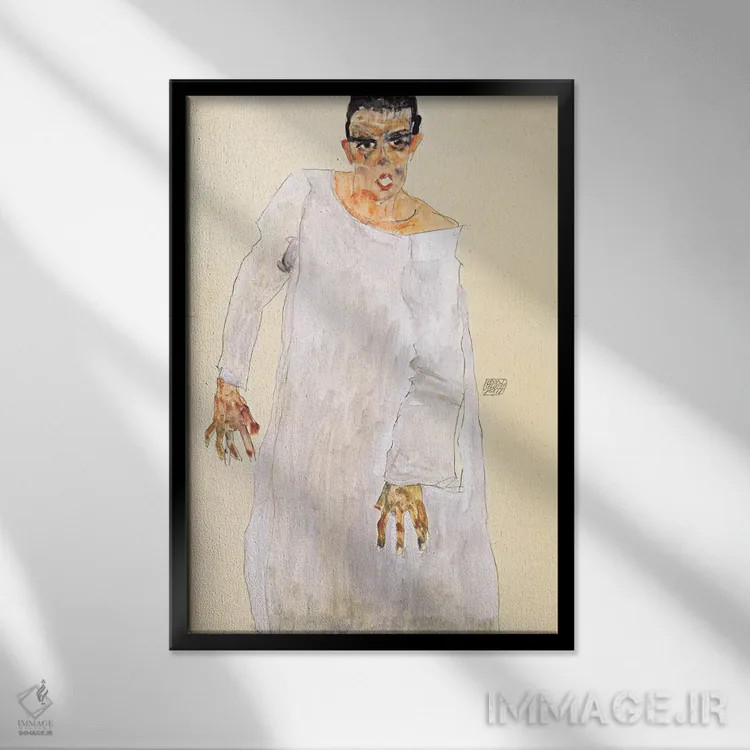 تابلو خودنگاره با شنل سفید اثر اگون شیله (نقاش اتریشی) - نمای قابدار مشکی